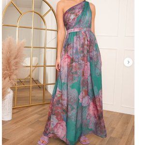 Chi Chi London One Shoulder Floral Print Maxi Dress in Green